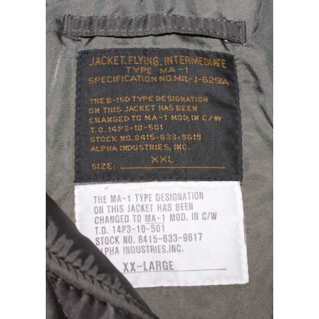 Bunda Alpha B-15D MIL-J-6251A štítek